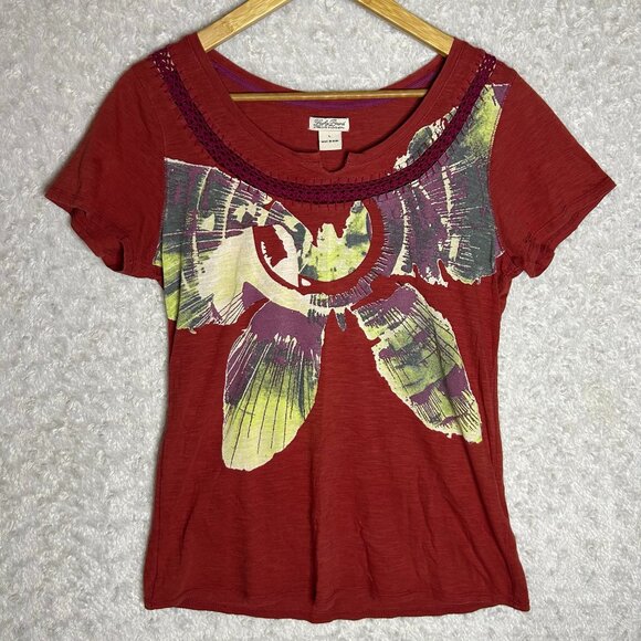 Lucky Brand Women’s Large Maroon Blouse with Lace Scoop Neck Detailing - Picture 1 of 10